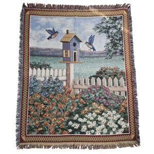 Vintage American Weavers Woven Tapestry Throw Blanket Birdhouse Garden Scene